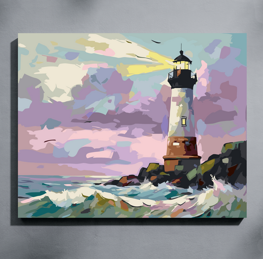 A square canvas paint by number of a lighthouse on a rocky coast, shown hanging on a gray wall. The artwork uses expressive brushstrokes in pastel tones of lavender, pink, blue, white, and yellow, with the lighthouse glowing with a bright yellow beam of light over churning waves.