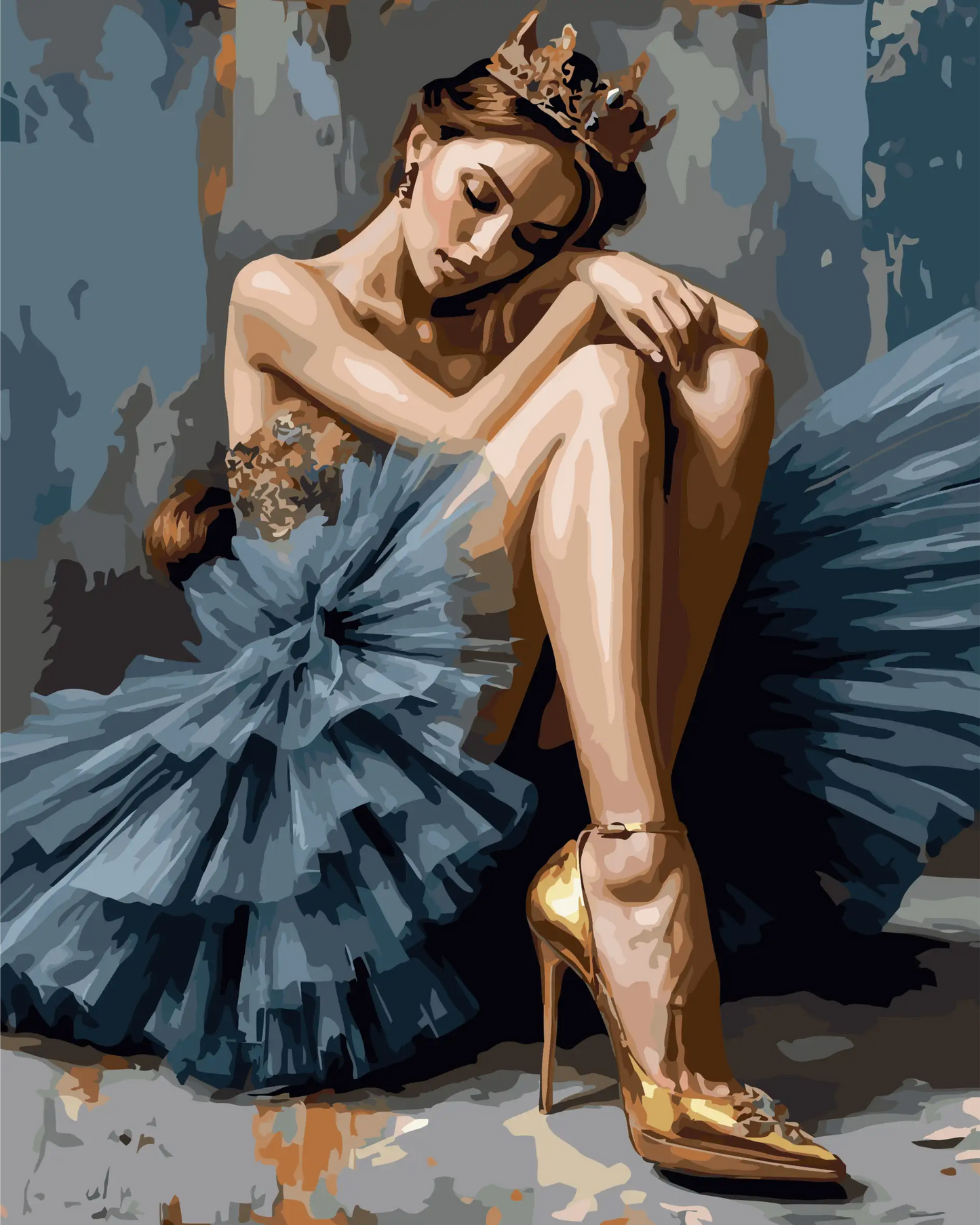 Straighten Your Crown paint by number kit — artistic effect of a woman in a dusty blue tulle dress with gold crown and gold heels in rich oil painting style
