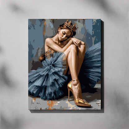 Straighten Your Crown paint by number kit — completed canvas mockup of a woman in a layered dusty blue tulle dress with gold crown and gold stiletto heels on a moody teal-grey background