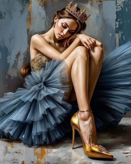 Woman in a blue dress with a large bow and gold high heels sitting on a textured floor.