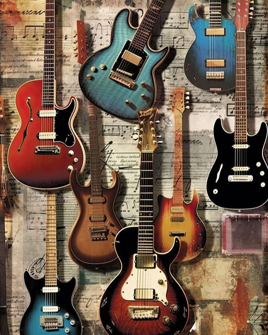 Collection of electric guitars against a textured wall with musical notes.