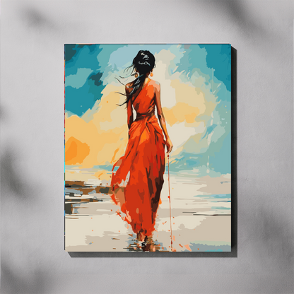 Painting of a woman in an orange dress standing on a beach with abstract colors.