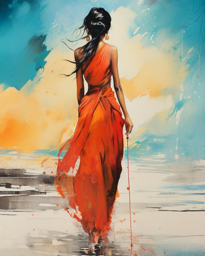 Woman in an orange dress walking along a beach with abstract watercolor background