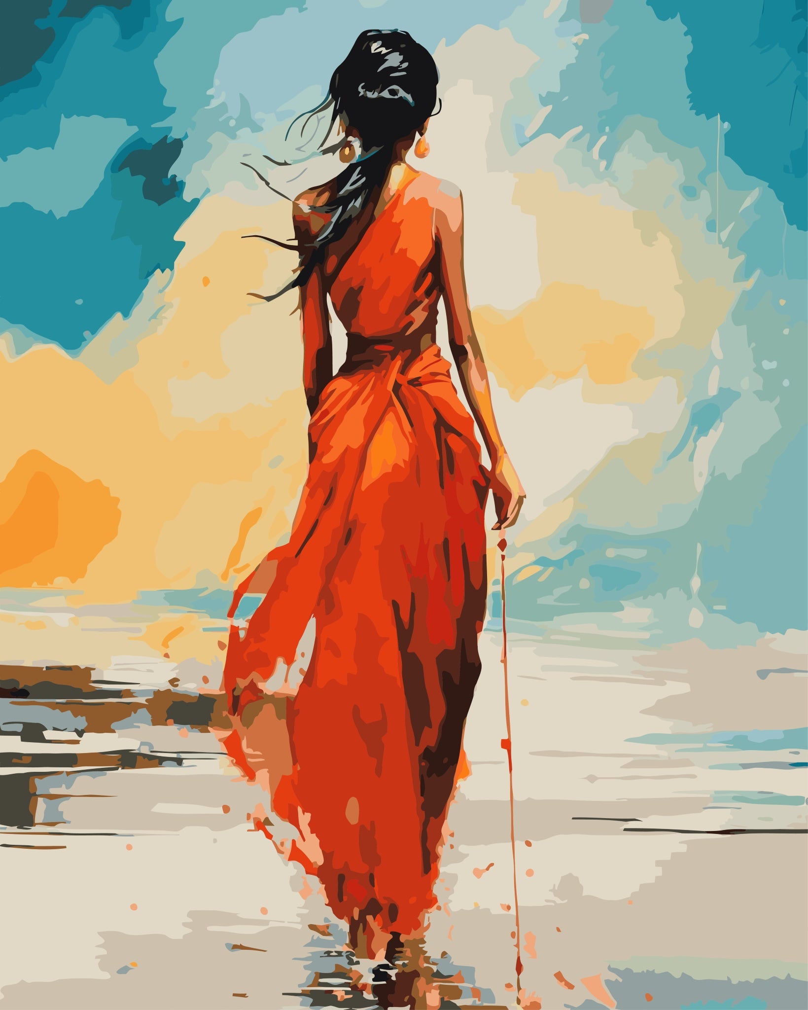 Woman in an orange dress walking on a beach with a colorful sky.