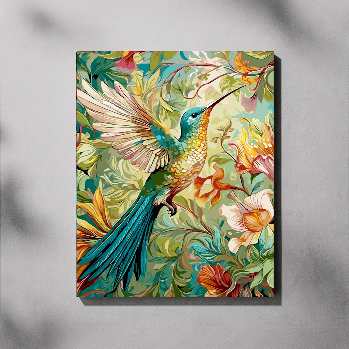 Colorful painting of a hummingbird among flowers on a gray background