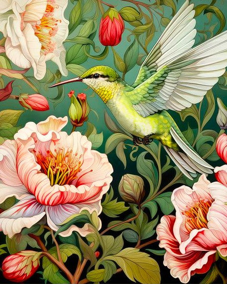 Colorful illustration of a hummingbird among flowers and leaves on a green background