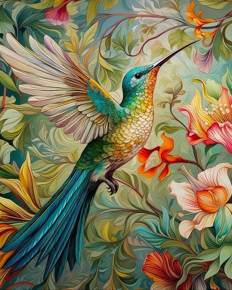 Colorful hummingbird among flowers and leaves