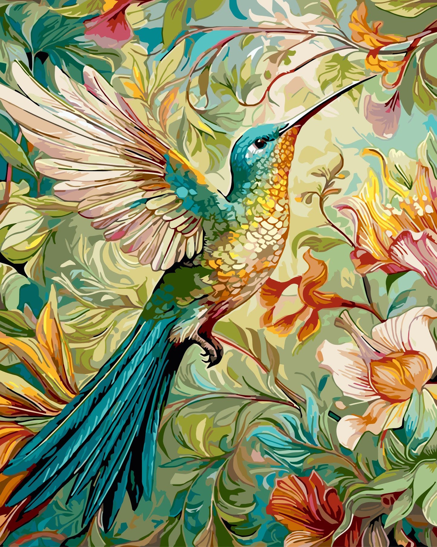 Colorful sunbird among flowers and leaves