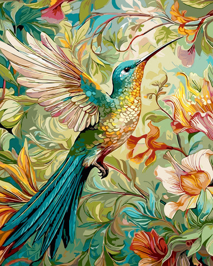 Colorful sunbird among flowers and leaves