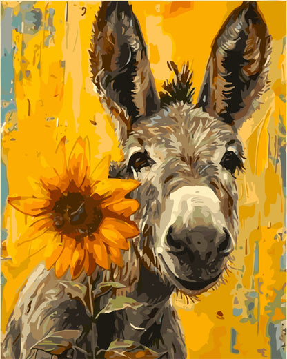 Painting of a donkey and sunflower on a yellow and blue background