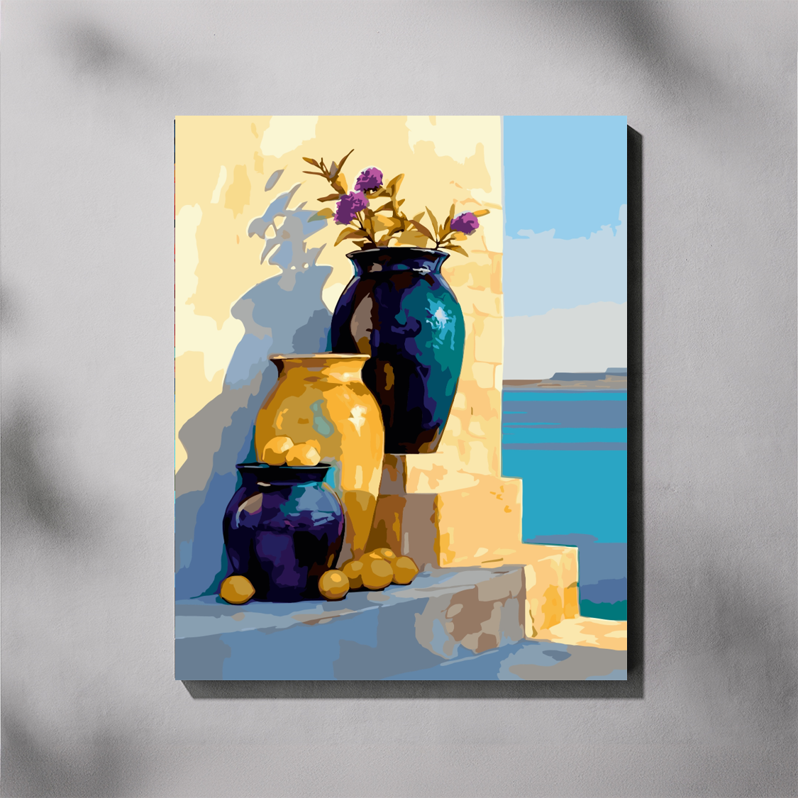 Sunlit Jars paint by number kit — completed canvas mockup of three ceramic jars on sun-warmed stone steps with a bright blue sea stretching out behind them and a sandy wall catching the afternoon light

