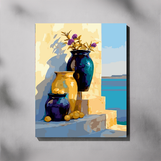 Sunlit Jars paint by number kit — completed canvas mockup of three ceramic jars on sun-warmed stone steps with a bright blue sea stretching out behind them and a sandy wall catching the afternoon light
