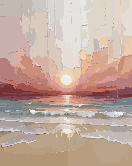 Abstract painting of a sunset over water with warm colors