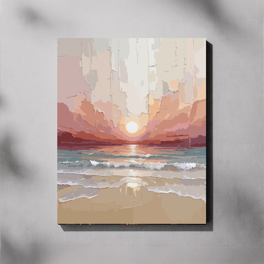 Abstract painting of a sunset over water on a gray wall