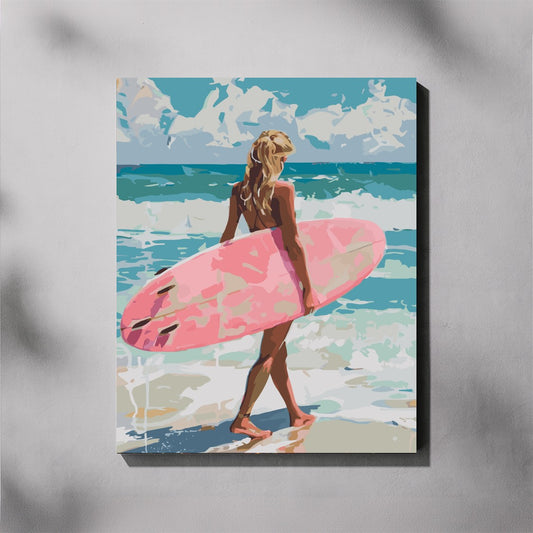 Painting of a woman holding a pink surfboard on a beach