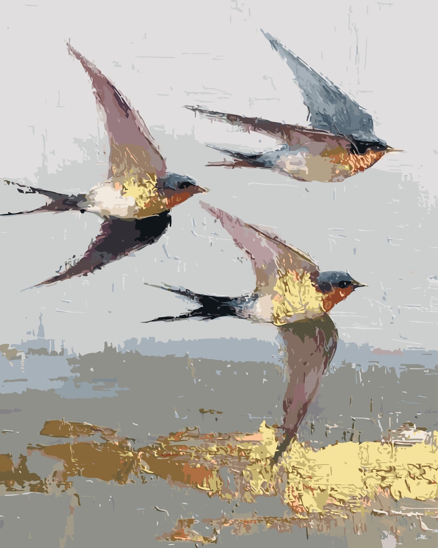 Swallow Migration paint by number kit — artistic effect of three barn swallows in flight painted in a loose textured style in steel blue, rust and gold tones
