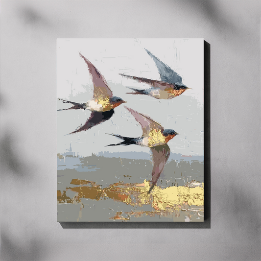 Swallow Migration paint by number kit — completed canvas mockup of three barn swallows in full flight with steel blue wings and rust-orange chests against a pale grey sky
