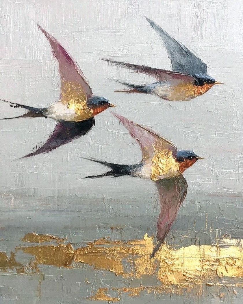 Swallow Migration paint by number kit — three barn swallows in flight with steel blue wings, warm rust-orange chests and cream and gold undersides against a pale grey sky and golden landscape
