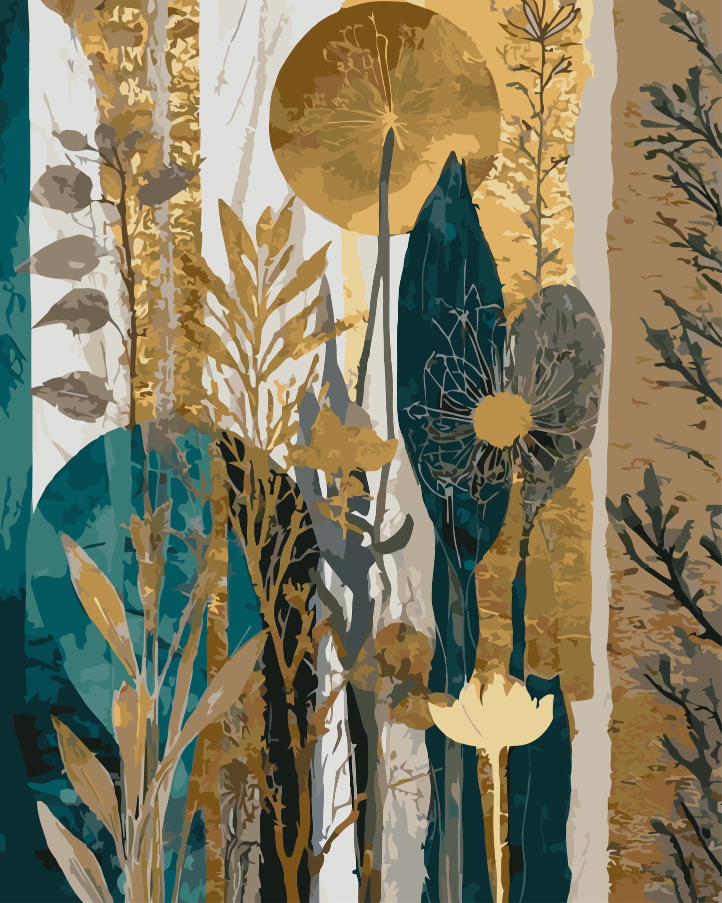 Paint by Number of an Abstract art piece with gold, teal, and gray leaves and flowers on a textured background