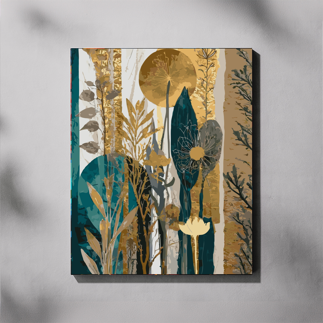 Paint by number of an abstract art piece with leaves and flowers in teals and golds on textured gray background