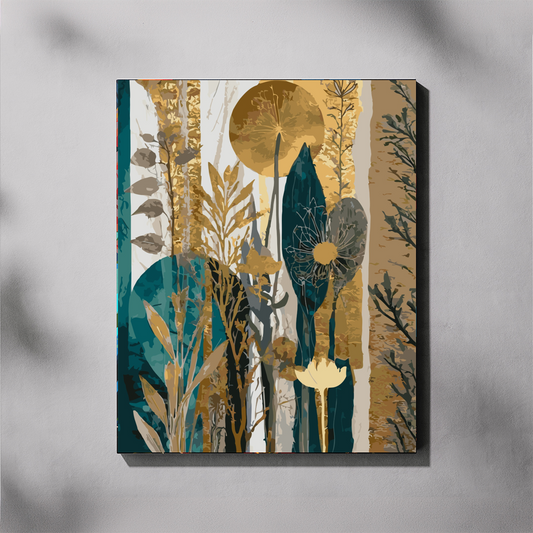 Paint by number of an abstract art piece with leaves and flowers in teals and golds on textured gray background