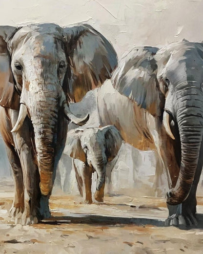 Painting of three elephants walking together on a plain background
