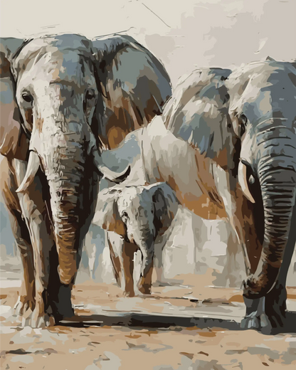 Painting of three elephants walking together on a plain background