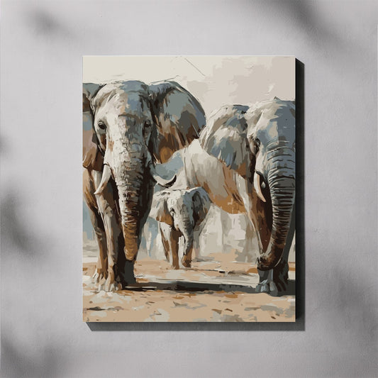 Painting of two elephants with a baby elephant in the middle on a textured gray background