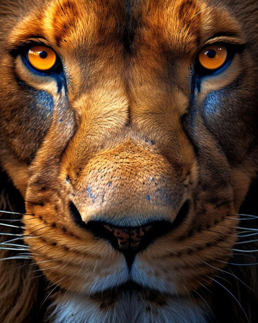 Extreme close-up of a lion's face, focusing on its golden-yellow eyes, detailed fur, and nose against a dark background.