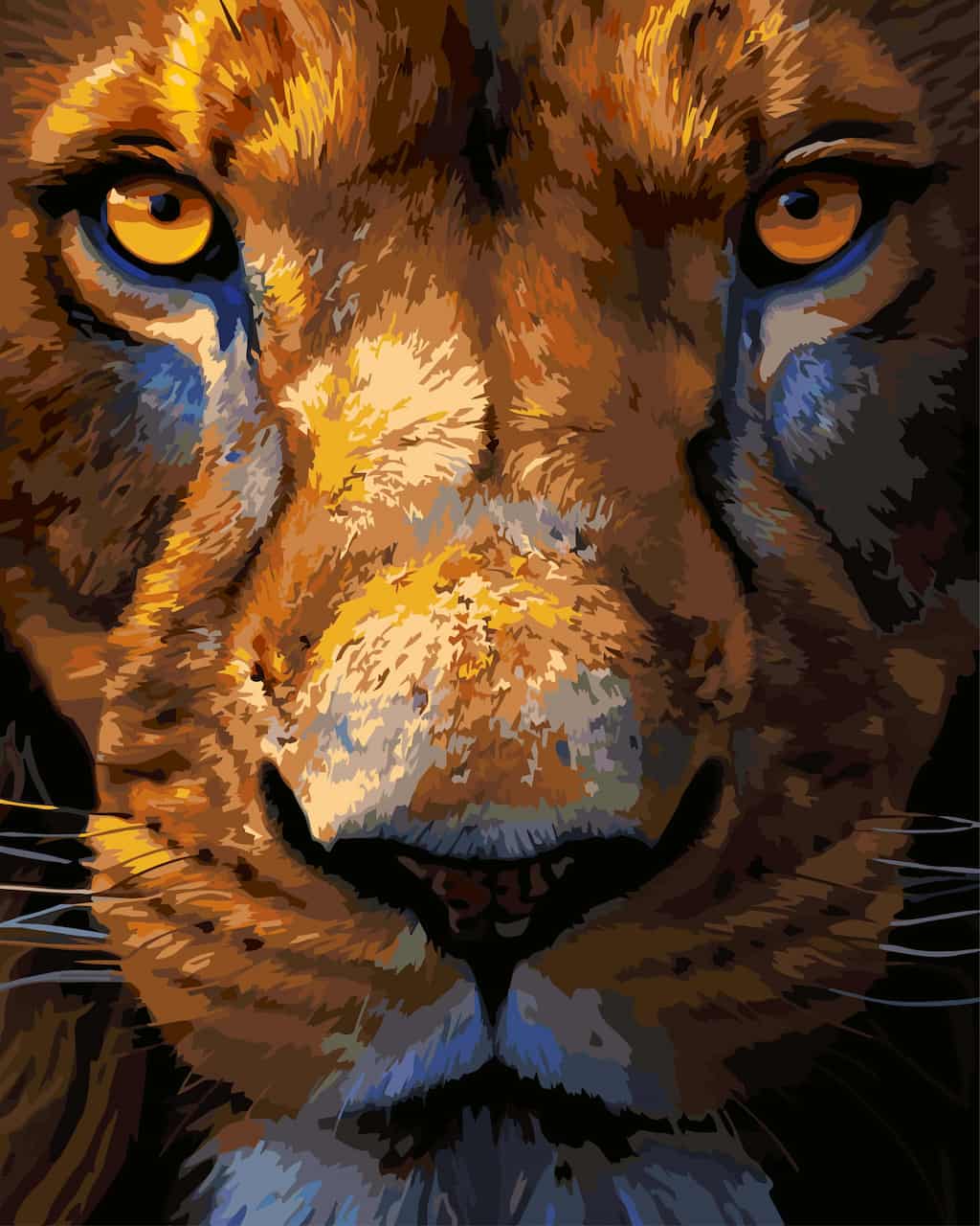 A close-up paint by number of a lion's face with vivid orange-yellow eyes, golden-brown fur, and dark shadowed areas against a black background.