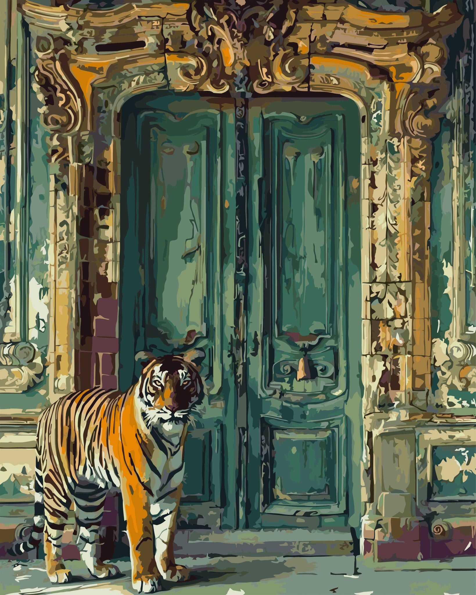 Tiger Doorway paint by number kit — artistic effect of a tiger at a baroque teal doorway in bold orange, black, weathered teal and warm gold tones

