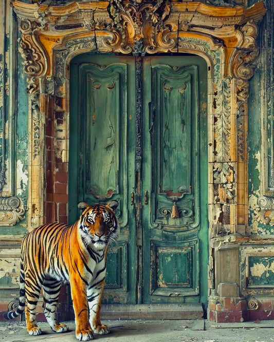 Tiger standing in front of an ornate, old door with intricate carvings.