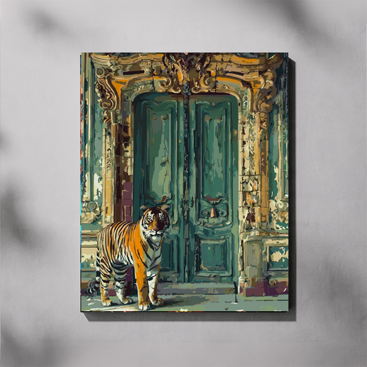 Tiger Doorway paint by number kit — completed canvas mockup of a tiger standing in front of an ornate peeling teal doorway with baroque gold stonework
