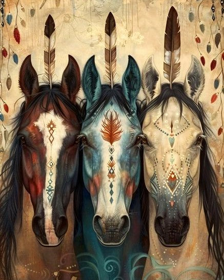 Three stylised horse faces with tribal patterns and feathers on a decorative background.