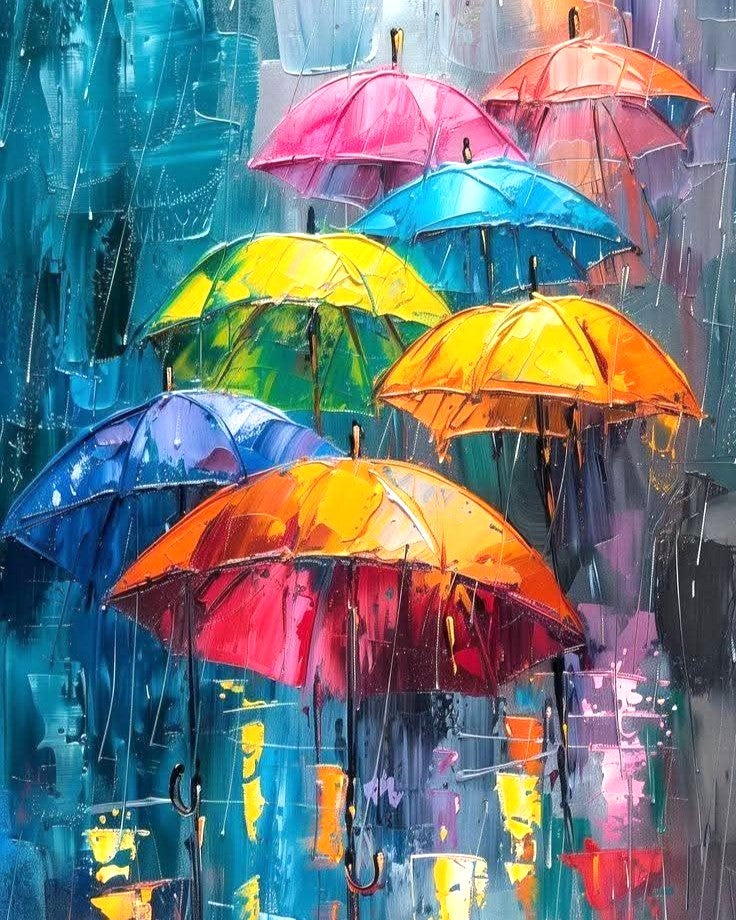 Colorful umbrellas in a rain scene with a blue background