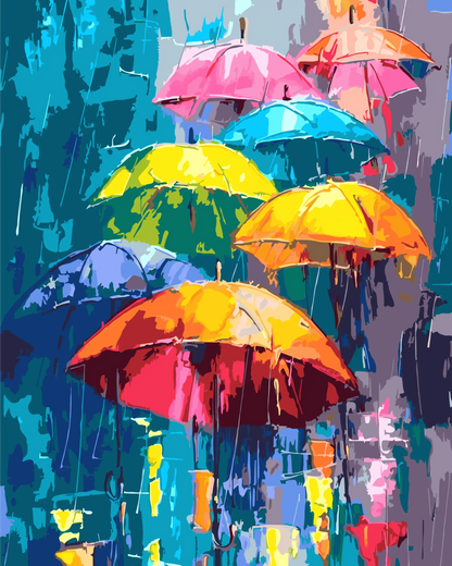 Colorful umbrellas in a rain scene with abstract background