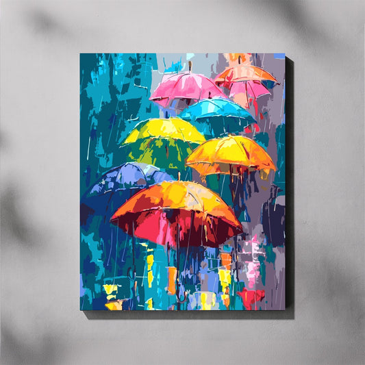 Colorful abstract painting of umbrellas on a gray background