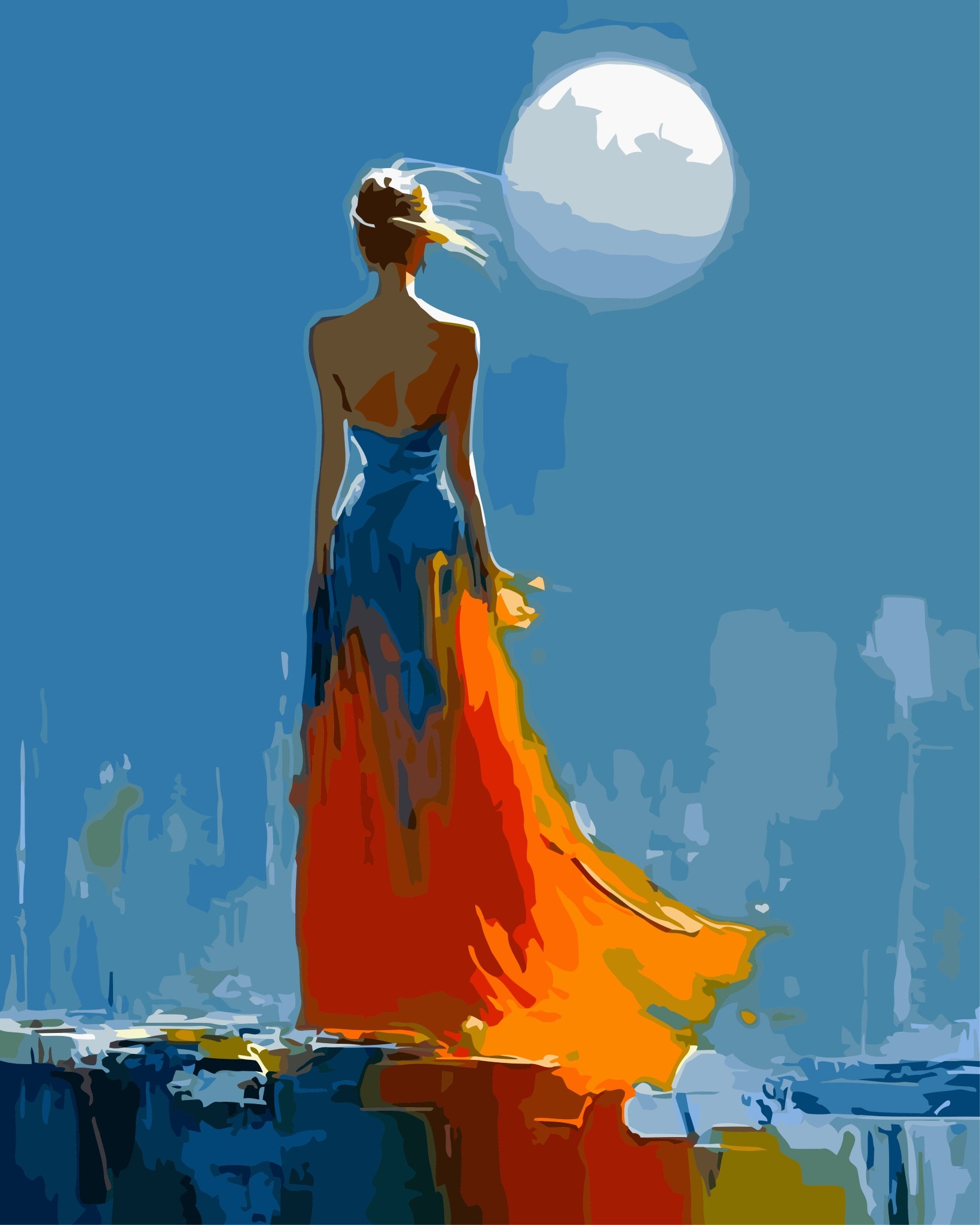 Under a Full Moon paint by number kit — artistic effect of a woman in a flowing blue and orange dress under a full moon in bright blue, bold orange and golden yellow tones
