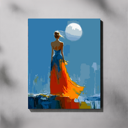 Under a Full Moon paint by number kit — completed canvas mockup of a woman in a flowing blue and orange dress standing under a giant white full moon in a vivid bright blue sky
