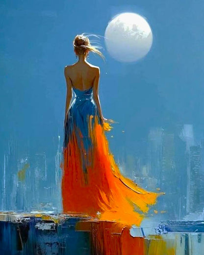 Woman in a blue and orange dress standing under a large moon.