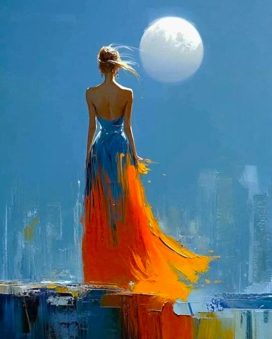 Woman in a blue and orange dress standing under a large moon.