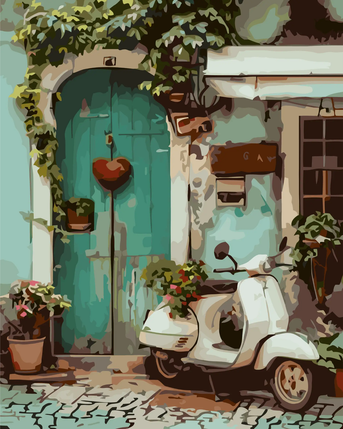 Paint by number of a Vintage vespa scooter parked in front of a teal door with heart decorations on a street scene.