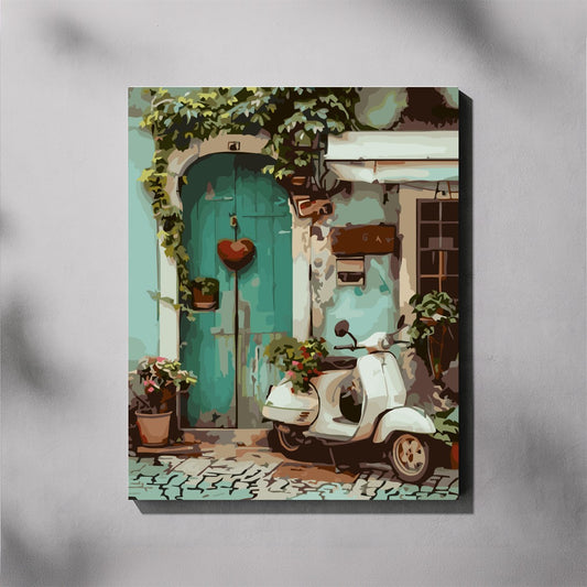 Paint by number canvas of a vespa scooter parked in front of a turquoise door with plants and flowers.