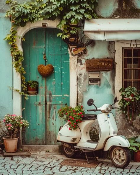 Vintage scooter parked in front of a teal door with heart decoration and plants.