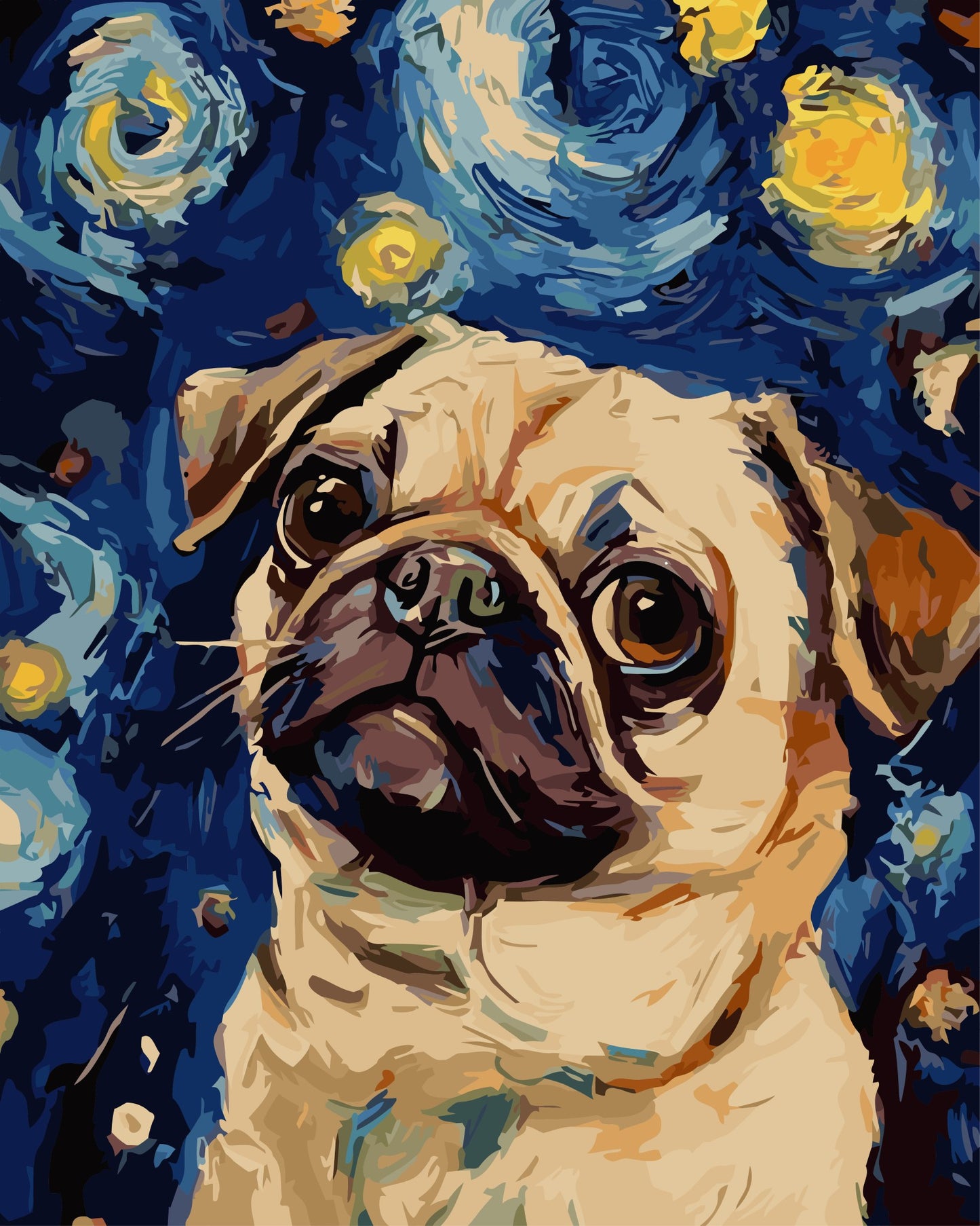 Vincent's Pug paint by number kit — artistic effect of a pug portrait in Van Gogh style with swirling navy blue sky and golden yellow orbs
