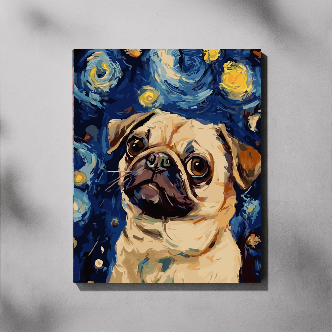 Vincent's Pug paint by number kit — completed canvas mockup of a pug portrait set against a swirling Van Gogh Starry Night sky in deep navy and golden yellow
