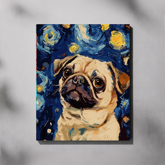 Vincent's Pug paint by number kit — completed canvas mockup of a pug portrait set against a swirling Van Gogh Starry Night sky in deep navy and golden yellow
