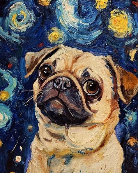 Pug dog with a Starry Night inspired background