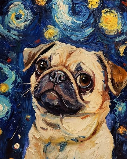 Pug dog with a Starry Night inspired background