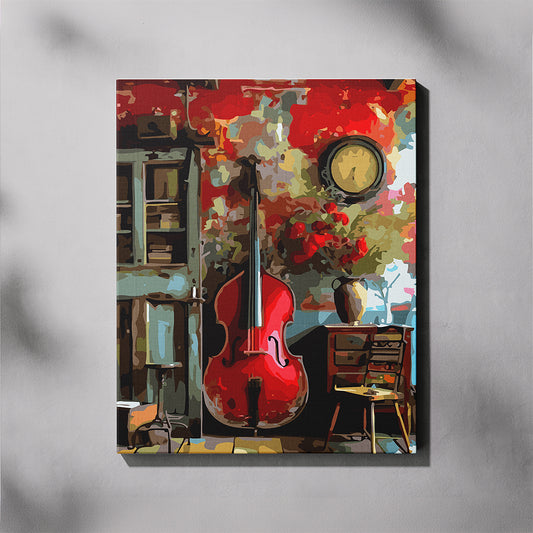 Paint by number of Colorful abstract painting of a red violin and floral arrangement on a gray background